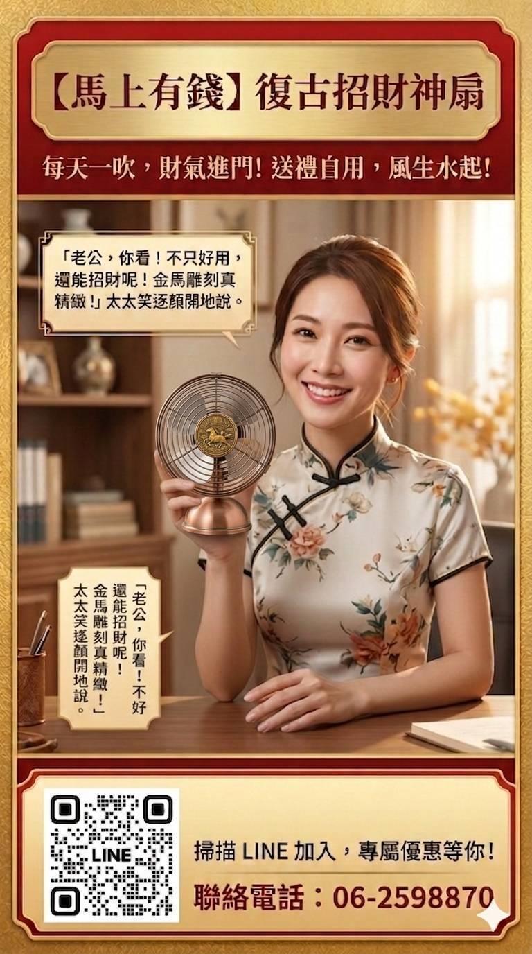 PERSON 柏森牌,風生水起,財源滾滾來!【柏森牌】復古馬上有錢扇,新品即將上市。